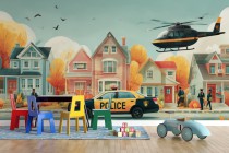 Pastelowa dekoracja dziecięca- kolorowe miasteczko | Policjanci, Helikopter i Radiowóz | Fototapeta dla chłopca 82050 Naklejkomania - zdjecie 3 - miniatura