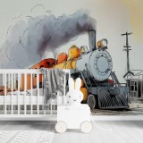 Fototapeta z Parowozem Retro | Kolorowa Ilustracja Pociągu | Dekoracja Ścienna do Pokoju Chłopca 82037 Naklejkomania - zdjecie 1 - miniatura