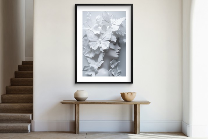 Minimalistyczny Plakat 3D- Artystyczny Portret Kobiety wśród motyli | Biały Obraz do eleganckiego wnętrza 82010 - zdjęcie 5