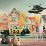 Pastelowa dekoracja dziecięca- kolorowe miasteczko | Policjanci, Helikopter i Radiowóz | Fototapeta dla chłopca 82050 Naklejkomania - zdjecie 1 - miniatura