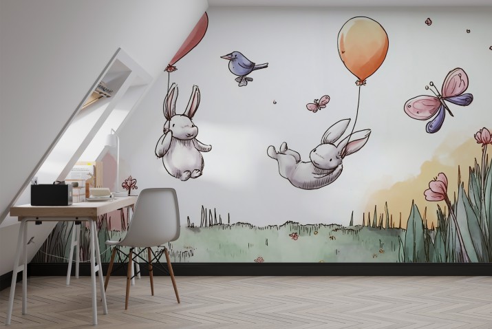 Kolorowa Fototapeta dla dzieci – urocze króliczki i balony | Dekoracja do żłobka, przedszkola, pokoju dziewczynki 82033 - zdjęcie 3