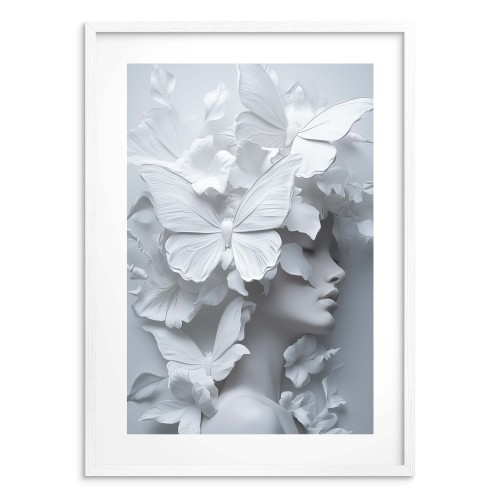 Minimalistyczny Plakat 3D- Artystyczny Portret Kobiety wśród motyli | Biały Obraz do eleganckiego wnętrza 82010 - zdjęcie 3