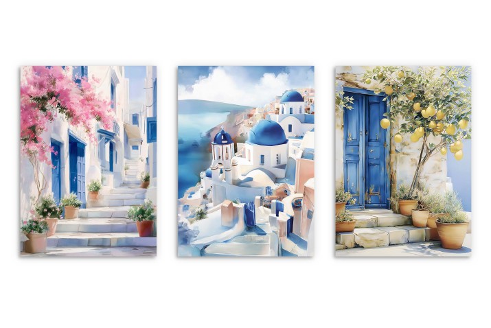Dekoracyjne Plakaty Santorini- Greckie uliczki | Styl śródziemnomorski do salonu, kuchni KP390 - zdjęcie 8