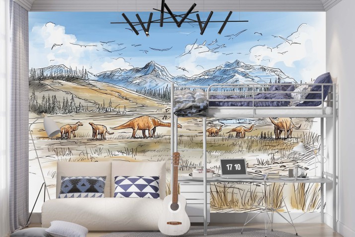 Rysunkowa Fototapeta- Dinozaury i Góry | Pastelowa Ilustracja do pokoju chłopca, przedszkola 82027 - zdjęcie 2