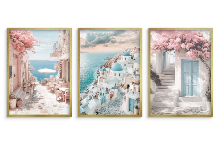 Plakaty Santorini w pastelowych kolorach | Malowniczy tryptyk z greckimi uliczkami i morzem- Dekoracja ścienna KP396 - zdjęcie 4