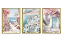 Plakaty Santorini w pastelowych kolorach | Malowniczy tryptyk z greckimi uliczkami i morzem- Dekoracja ścienna KP396 Naklejkomania - zdjecie 4 - miniatura