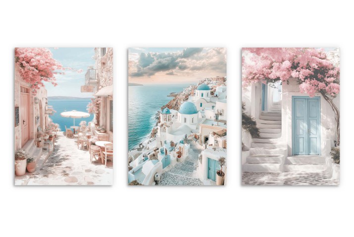 Plakaty Santorini w pastelowych kolorach | Malowniczy tryptyk z greckimi uliczkami i morzem- Dekoracja ścienna KP396 - zdjęcie 8