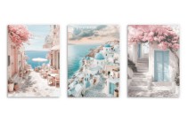 Plakaty Santorini w pastelowych kolorach | Malowniczy tryptyk z greckimi uliczkami i morzem- Dekoracja ścienna KP396 Naklejkomania - zdjecie 8 - miniatura
