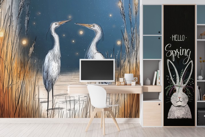 Artystyczna Fototapeta z Czaplami-  Ptaki w Trawie nad Jeziorem | Ozdoba ścienna w bajkowym stylu 82030 - zdjęcie 2