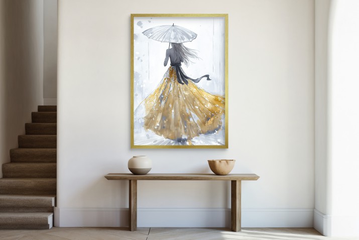 Elegancki plakat z kobietą w złotej sukni | Romantyczna ozdoba do salonu lub sypialni | Dekoracja glamour 82015 - zdjęcie 2