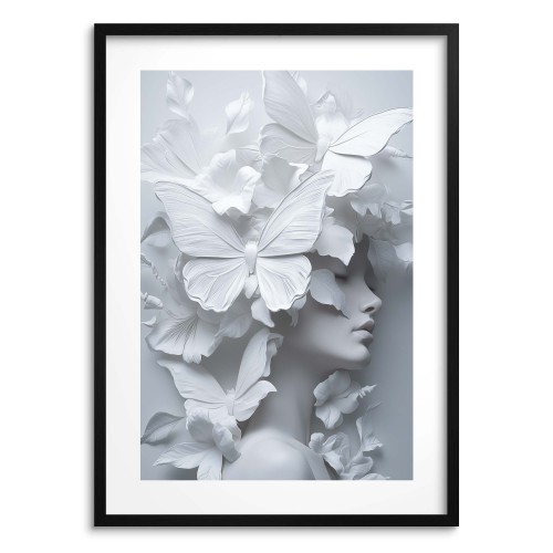 Minimalistyczny Plakat 3D- Artystyczny Portret Kobiety wśród motyli | Biały Obraz do eleganckiego wnętrza 82010