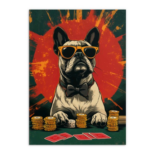 Śmieszny Plakat z Psem Grającym w Pokera | Buldog Francuski w Okularach | Młodzieżowy Obraz na ścianę 94211 - zdjęcie 7