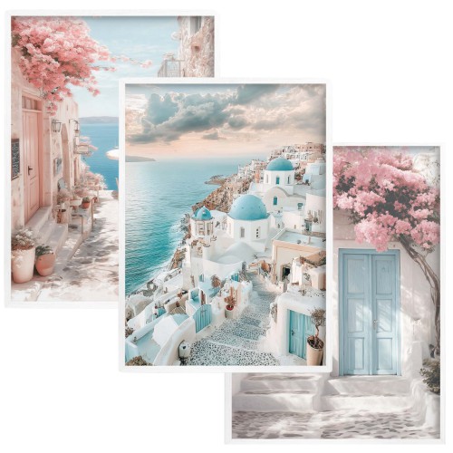 Plakaty Santorini w pastelowych kolorach | Malowniczy tryptyk z greckimi uliczkami i morzem- Dekoracja ścienna KP396 Naklejkomania - zdjecie 1