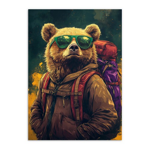 Oryginalny plakat: Niedźwiedź Turysta | Śmieszna, nowoczesna grafika z misiem w okularach 94209 - zdjęcie 7