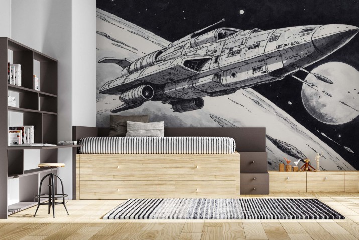 Komiksowa Fototapeta Sci-Fi – Kosmos, Planeta, Statek Kosmiczny | Czarno- biała młodzieżowa tapeta na ścianę 82074 - zdjęcie 3