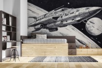 Komiksowa Fototapeta Sci-Fi – Kosmos, Planeta, Statek Kosmiczny | Czarno- biała młodzieżowa tapeta na ścianę 82074 Naklejkomania - zdjecie 3 - miniatura