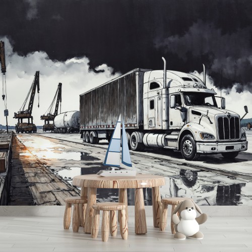 Ciężarówka w Porcie – Fototapeta Młodzieżowa | Tir i Dźwigi | Ozdoba Ścienna do Pokoju Nastolatka 82076