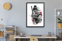 Plakat- Japońska wojowniczka z Kataną | Czarno-biała ilustracja z czerwonym akcentem | Obraz z samurajką 82012 Naklejkomania - zdjecie 6 - miniatura