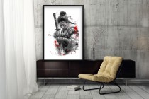 Plakat- Japońska wojowniczka z Kataną | Czarno-biała ilustracja z czerwonym akcentem | Obraz z samurajką 82012 Naklejkomania - zdjecie 2 - miniatura