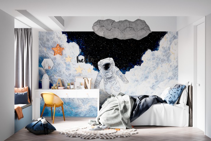 Fototapeta z Astronautą w Chmurach | Rysunkowa Dekoracja ścienna | Kosmiczna Tapeta do Pokoju Dziecka 82029 - zdjęcie 3