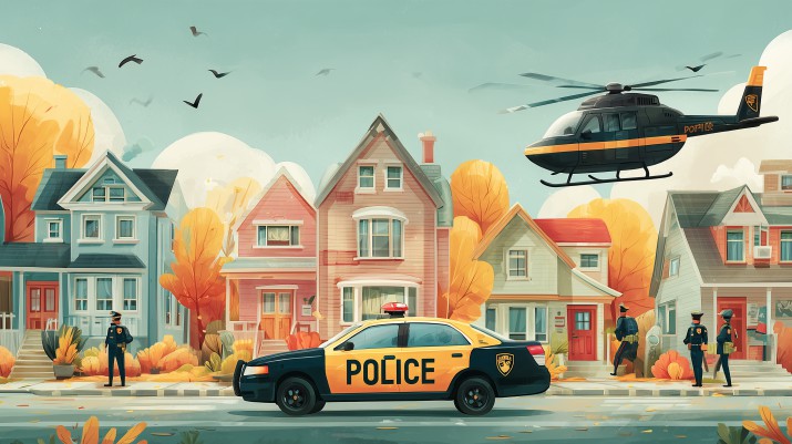 Pastelowa dekoracja dziecięca- kolorowe miasteczko | Policjanci, Helikopter i Radiowóz | Fototapeta dla chłopca 82050 - zdjęcie 4