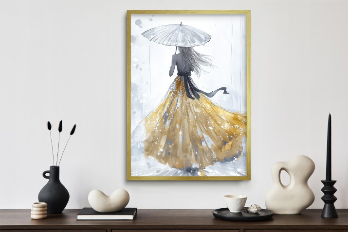 Elegancki plakat z kobietą w złotej sukni | Romantyczna ozdoba do salonu lub sypialni | Dekoracja glamour 82015 - zdjęcie 5