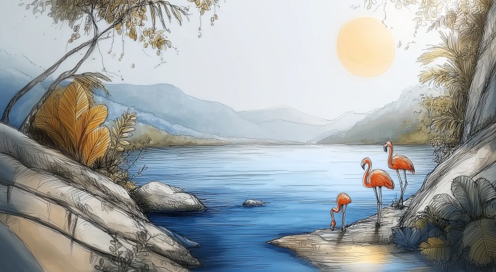 Egzotyczna fototapeta- Flamingi nad wodą | Tropikalny Krajobraz | Artystyczna tapeta do salonu, sypialni, pokoju dziecka 82034 - zdjęcie 4