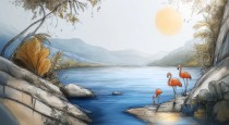 Egzotyczna fototapeta- Flamingi nad wodą | Tropikalny Krajobraz | Artystyczna tapeta do salonu, sypialni, pokoju dziecka 82034 Naklejkomania - zdjecie 4 - miniatura
