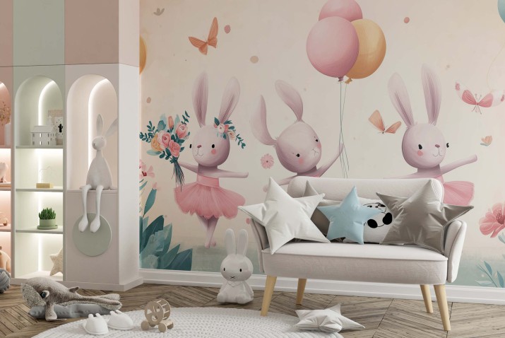 Fototapeta do pokoju dziewczynki- Króliczki baletnice | Pastelowa dekoracja do przedszkola, żłobka 82047 - zdjęcie 2