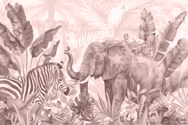Fototapeta Safari do Pokoju Dziecka – Zebra i Słoń w Różowej Dżungli 43109 - zdjęcie 2