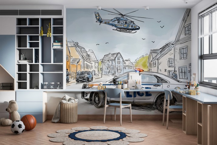 Kolorowa Fototapeta z Policją | Radiowóz i Helikopter | Rysunkowa tapeta dla chłopca 82039 - zdjęcie 2