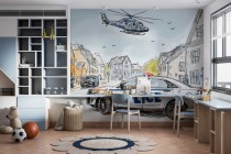 Kolorowa Fototapeta z Policją | Radiowóz i Helikopter | Rysunkowa tapeta dla chłopca 82039 Naklejkomania - zdjecie 2 - miniatura