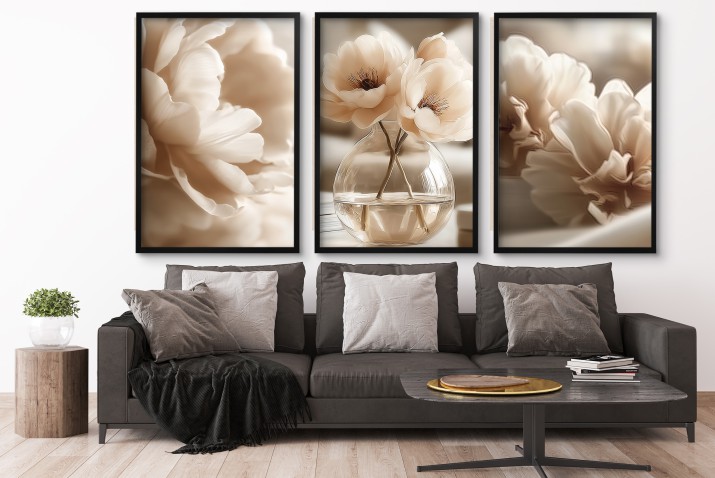 Beżowe Plakaty z Kwiatami w Stylu Glamour | Elegancka Dekoracja Ścienna do Salonu, Sypialni | Kremowe Obrazy KP81990 - zdjęcie 6