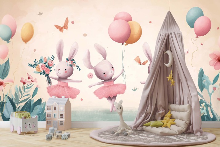 Fototapeta do pokoju dziewczynki- Króliczki baletnice | Pastelowa dekoracja do przedszkola, żłobka 82047 - zdjęcie 3
