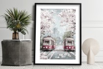 Plakat w stylu Retro- Wiosna w mieście | Tramwaje i Kwitnące wiśnie | Miejski pejzaż 82014 Naklejkomania - zdjecie 5 - miniatura