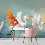 Dziecięca Fototapeta z lecącymi bocianami | Aranżacja pokoju niemowlaka w pastelowych kolorach 82044 Naklejkomania - zdjecie 1 - miniatura