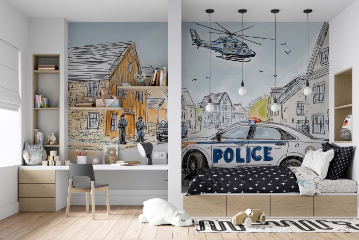 Kolorowa Fototapeta z Policją | Radiowóz i Helikopter | Rysunkowa tapeta dla chłopca 82039 - zdjęcie 3