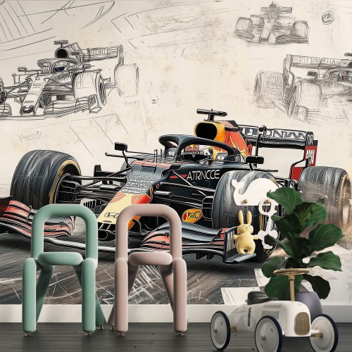 Sportowa Fototapeta z Wyścigiem Formuły 1 | Komiksowa Grafika z Bolidem F1 do Pokoju Młodzieżowego 64196