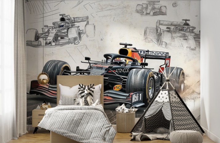 Sportowa Fototapeta z Wyścigiem Formuły 1 | Komiksowa Grafika z Bolidem F1 do Pokoju Młodzieżowego 64196 - zdjęcie 2
