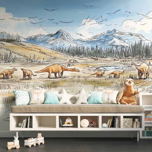 Rysunkowa Fototapeta- Dinozaury i Góry | Pastelowa Ilustracja do pokoju chłopca, przedszkola 82027