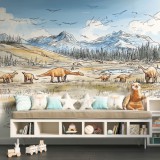 Rysunkowa Fototapeta- Dinozaury i Góry | Pastelowa Ilustracja do pokoju chłopca, przedszkola 82027 Naklejkomania - zdjecie 1 - miniatura