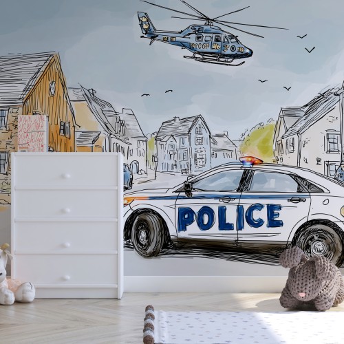 Kolorowa Fototapeta z Policją | Radiowóz i Helikopter | Rysunkowa tapeta dla chłopca 82039