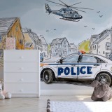 Kolorowa Fototapeta z Policją | Radiowóz i Helikopter | Rysunkowa tapeta dla chłopca 82039 Naklejkomania - zdjecie 1 - miniatura