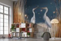 Artystyczna Fototapeta z Czaplami-  Ptaki w Trawie nad Jeziorem | Ozdoba ścienna w bajkowym stylu 82030 Naklejkomania - zdjecie 3 - miniatura