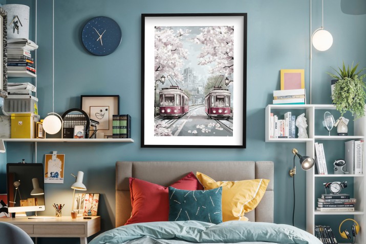 Plakat w stylu Retro- Wiosna w mieście | Tramwaje i Kwitnące wiśnie | Miejski pejzaż 82014 - zdjęcie 2
