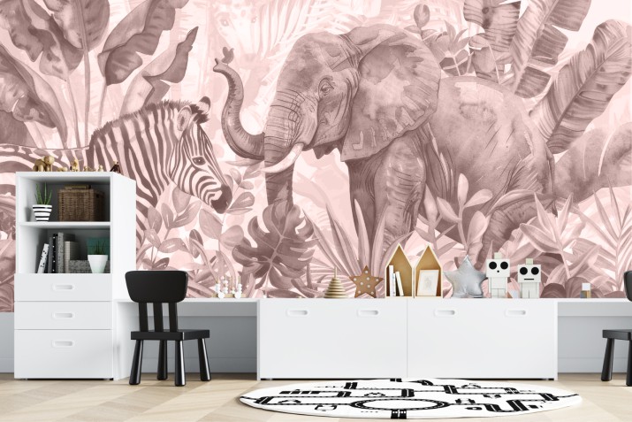 Fototapeta Safari do Pokoju Dziecka – Zebra i Słoń w Różowej Dżungli 43109
