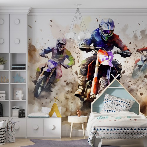 Kolorowa Fototapeta z Motocyklistami | Motocross w Stylu Akwareli | Sportowa dekoracja do pokoju chłopca, nastolatka 64200