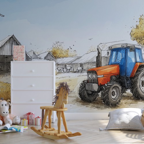 Fototapeta z czerwonym traktorem i farmą | Dekoracja ścienna do pokoju chłopca- wieś | Zwierzęta i stodoła 82041