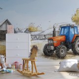 Fototapeta z czerwonym traktorem i farmą | Dekoracja ścienna do pokoju chłopca- wieś | Zwierzęta i stodoła 82041 Naklejkomania - zdjecie 1 - miniatura