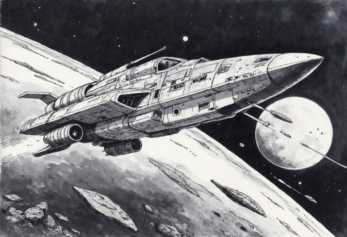 Komiksowa Fototapeta Sci-Fi – Kosmos, Planeta, Statek Kosmiczny | Czarno- biała młodzieżowa tapeta na ścianę 82074 - zdjęcie 4